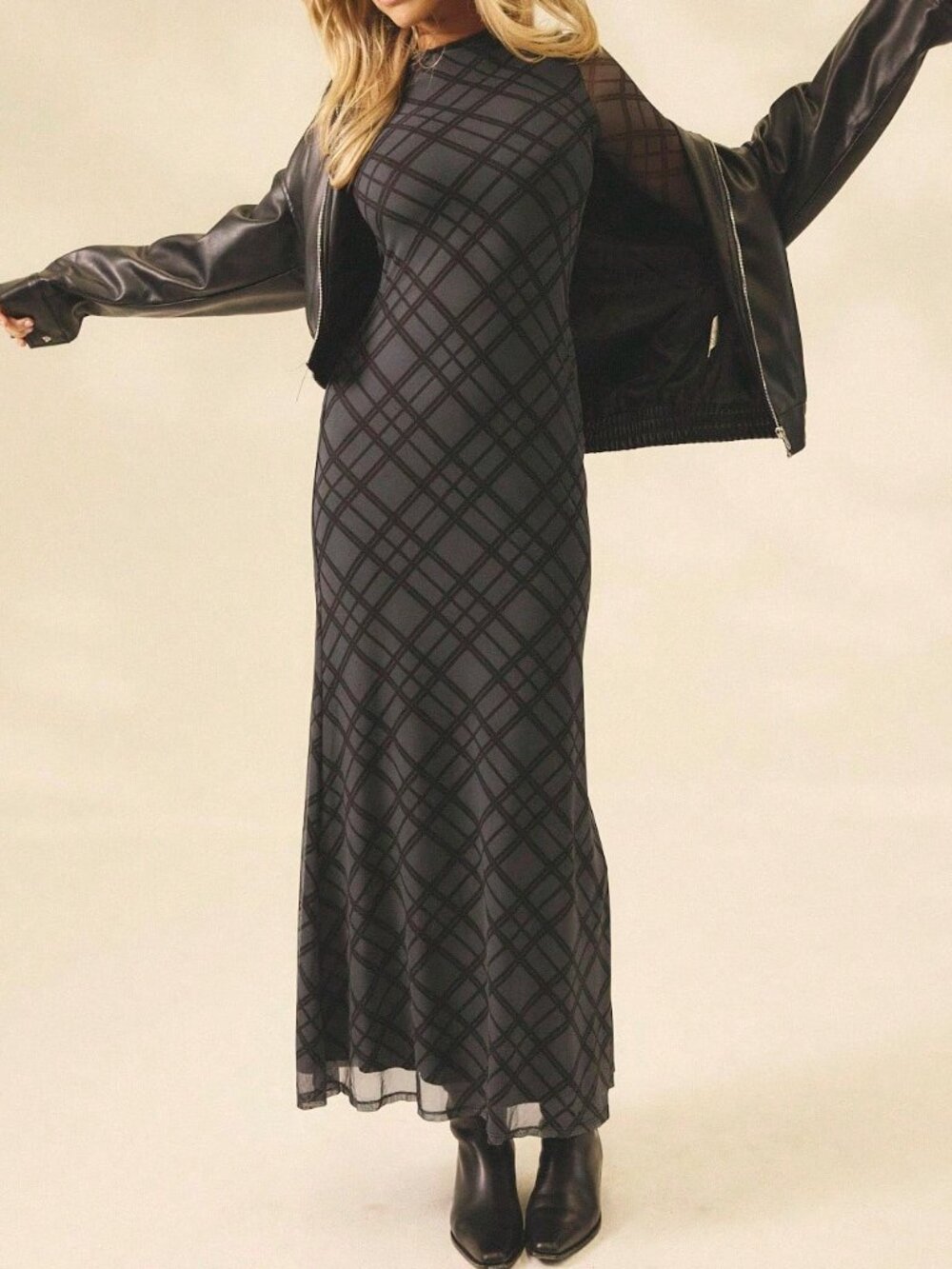Multicolor Elegant Women's Plaid Gingham Mesh Long Sleeve Maxi Dress